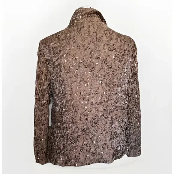 Bronze Textured Crinkle Jacket Petite Large Fall Chic Metallic Sequin Statement - Picture 8 of 13